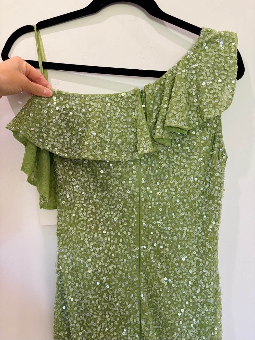 Mac Duggal 5611 Ruffled Asymmetrical Neck Sequin Prom Gown Key Lime With Detail - Picture 9 of 16